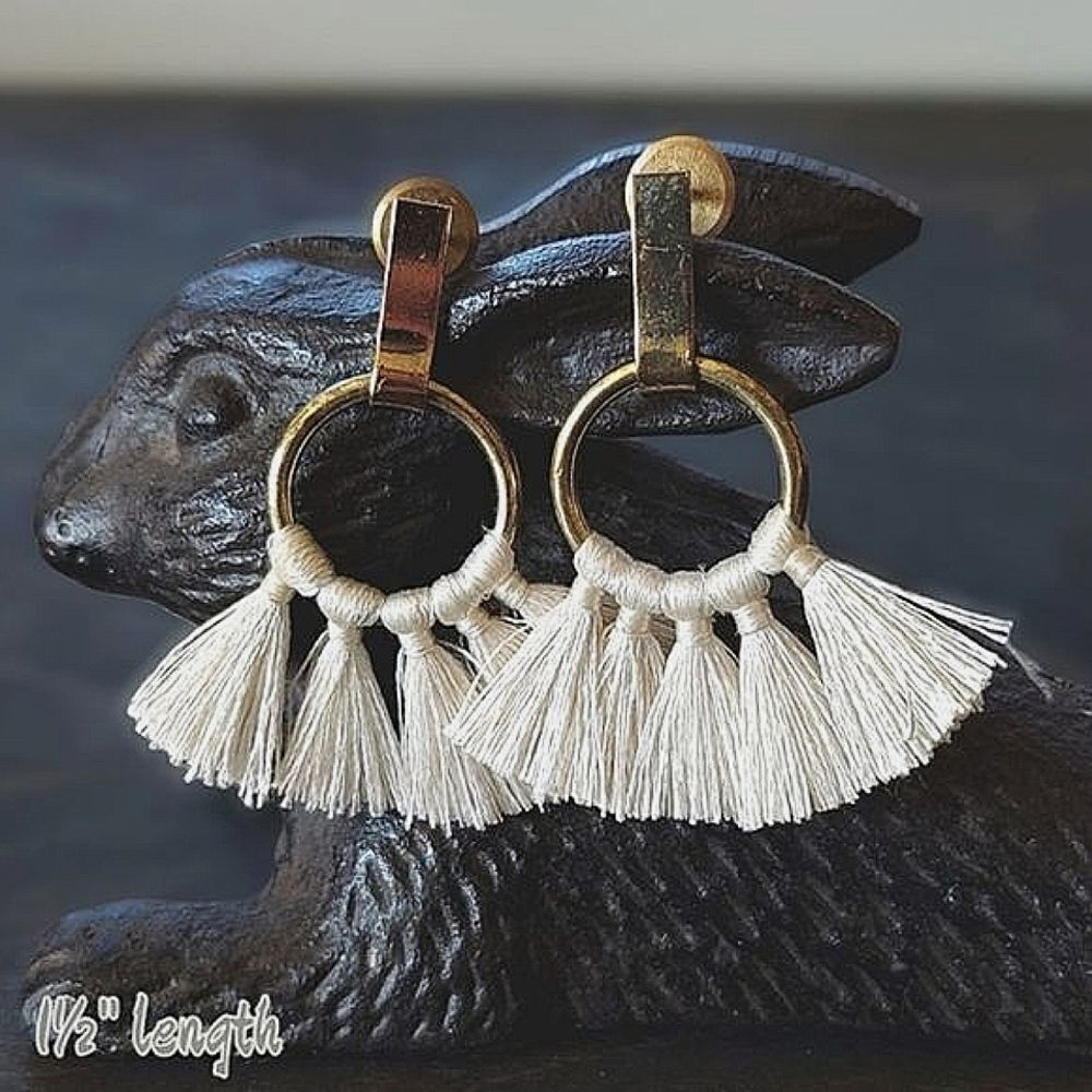 Hand-crafted gold tone natural thread fan fringe hoops